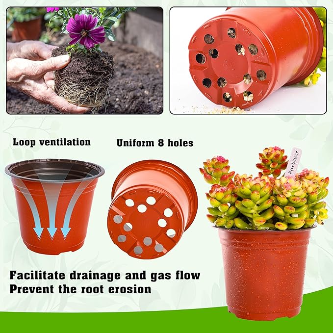 TDHDIKE 6 Inch Plastic Plant Nursery Pot/Pots (200pcs) with 200 Plant Labels - Red Seedling Flower Containers (Indoor/Outdoor)