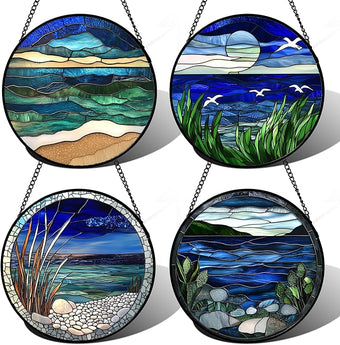 Stained Glass Window Hanging 4 Pcs Set Navy Blue Ocean Landscape Large 11.8" - Suncatcher Door Garden Sun Catcher Decor Birthday Mother's Day for Mom Woman Nana Girl Boy Friend
