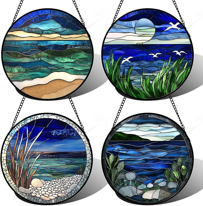 Stained Glass Window Hanging 4 Pcs Set Navy Blue Ocean Landscape 7.8" - Suncatcher Door Garden Sun Catcher Decor Birthday Mother's Day for Mom Woman Nana Girl Boy Friend