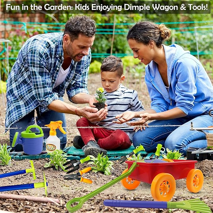 Dimple Garden Wagon & Tools Toy Set Premium 15 Pcs Kids Gardening Tools & Wagon Toy Set - Sturdy & Durable - Top Yd, Beach, Sand, Garden Play Set - Great for Kids & Toddlers