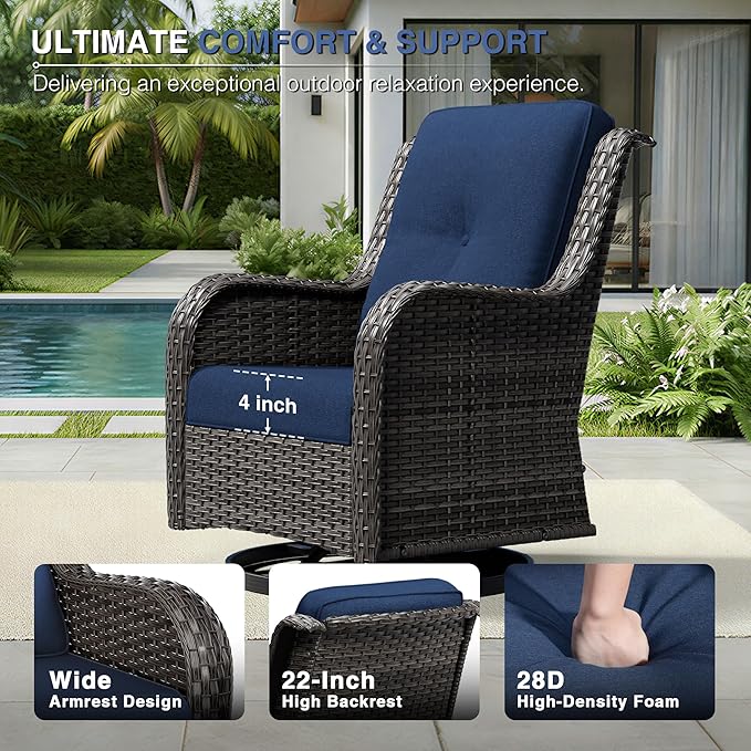 Joyside 3 Piece Wicker Patio Furniture Set, Outdoor Swivel Rocker Patio Chairs with High Back, Deep Seating, Wide Armrest, Thickened Cushions, Outdoor Furniture for Deck, Porch Use
