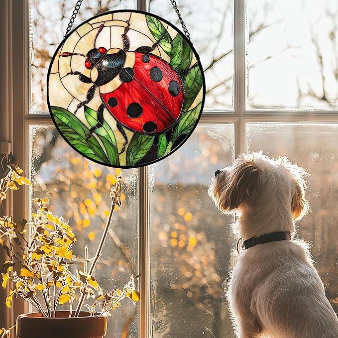 AMDERVEN Stained Glass Window Hanging - Red Seven-Spotted Ladybug Sun Catcher for Door Home Decor Insect Suncatcher Christmas Mother's Day Birthday Gifts for Women Men Mom Nana 15 in