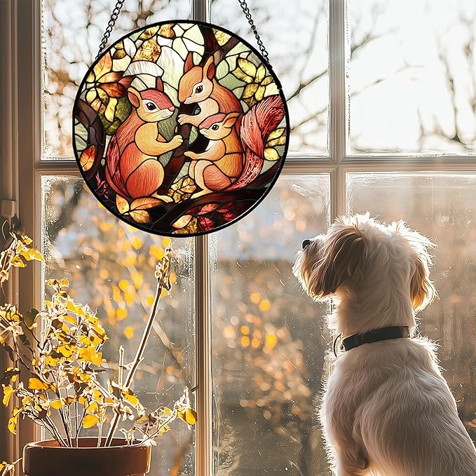 Stained Glass Window Hanging - 3 Cute Squirrels Suncatcher for Doors Garden Patio Sun Catchers Decor Christmas Mother's Day Teenager Birthday Gifts for Women Men Mom Nana Friend 9.8 in