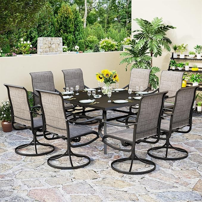 PHI VILLA 9 Pcs Patio Dining Set with Large Square Metal Dining Table & 8 Outdoor Padded Textilene Fabric Swivel Dining Chairs, Outside Table Chair Furniture Dining Set for 8 Person