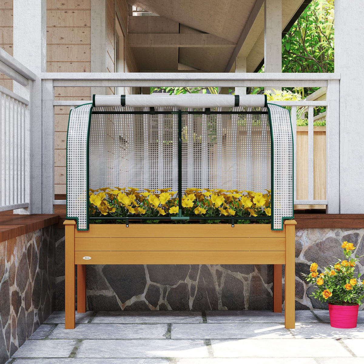 Outsunny Raised Garden Bed with PE Greenhouse Cover 48x22x46 inch Sand