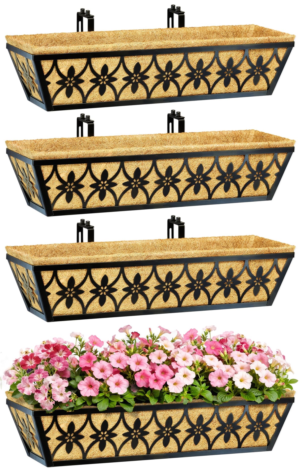 24 Inch Window Boxes Planters Railing Planter Box - 4 Pack Deck Railing Planter Boxes with Adjustable Brackets Coco Liners Balcony Planters Railing Hanging for Window Flower Boxes Outdoor Garden Decor