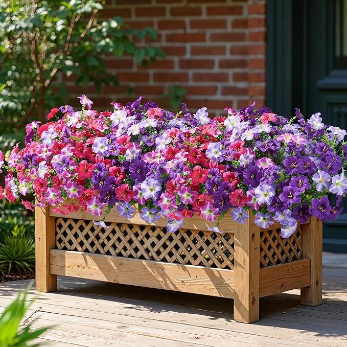 Artificial Flowers for Outdoors Fake Plants Outside Decoration, 20 Bundles Purple Silk Petunia with Eucalyptus UV Resistant Realistic Faux Flowers for Outdoor Planters Garden Balcony Yard Porch Patio