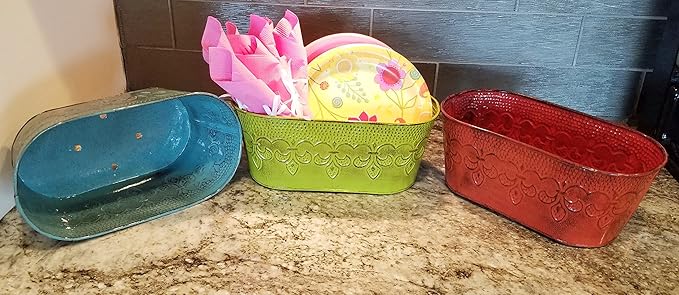 Robert Allen MPT01895 Fleur De Lis Series Metal Oval Planter Flower Pot, 10", Color Cayenne Red