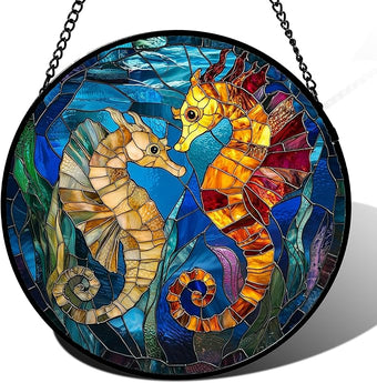 Stained Glass Window Hanging - Blue Ocean Orange Seahorse Suncatcher for Door Terrace Garden Home Decor, Marine Life Sun Catcher Birthday Gifts for Lovers Women Men Dad Mom Nana 7.8 in