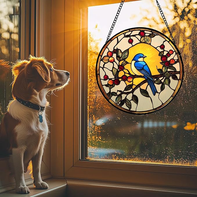 Stained Glass Window Hanging Blue Bird On A Branch Large 11.8" - Retro Suncatcher Door Garden Sunroom Sun Catcher Home Decor Birthday Christmas for Mom Men Woman Nana