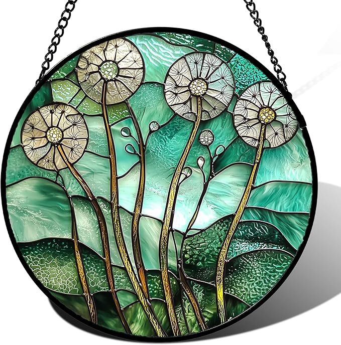 AMDERVEN Stained Glass Window Hanging, Green Abstract Lotus Leaves Tree Sun Catcher for Window Door Home Decor Plant Suncatcher Christmas Mother's Day Birthday Gifts for Women Men Mom Nana 7.8 in