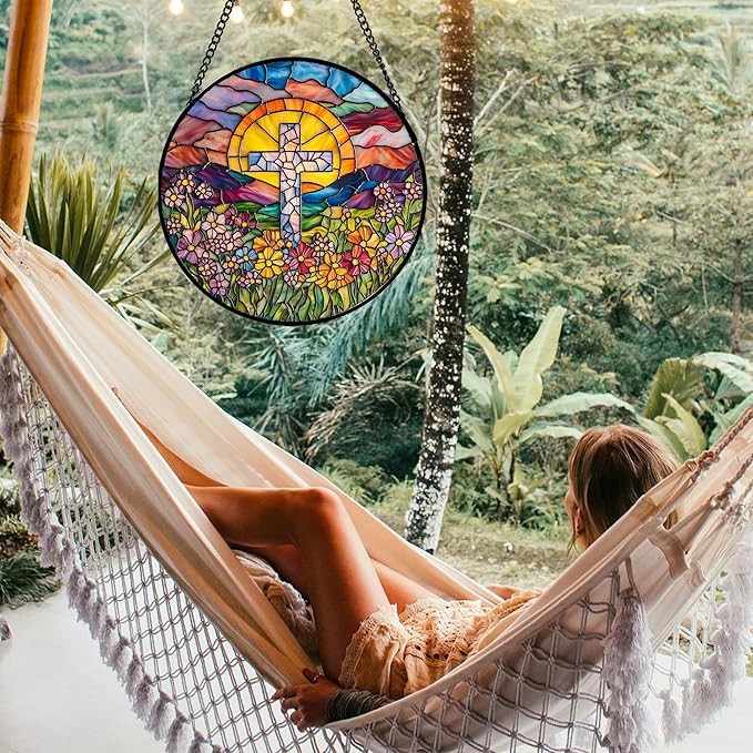 JOSUMALY Stained Glass Window Hanging - Cross Flower Sea Sun Catcher for Door Terrace Garden Home Decor, Mountains Landscape Suncatcher Birthday Gifts for Lovers Women Men Dad Mom Nana 9.8 in