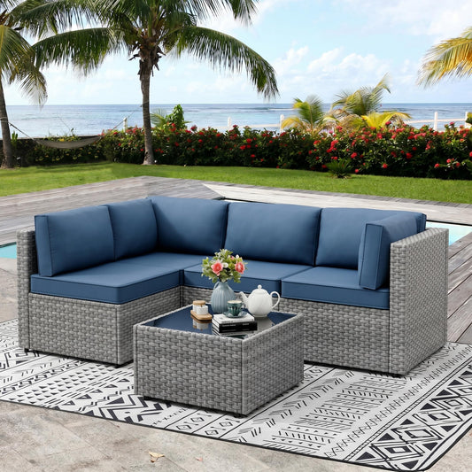 Vongrasig 5 Pieces Patio Furniture Set with Cushion, Glass Table, Navy Blue