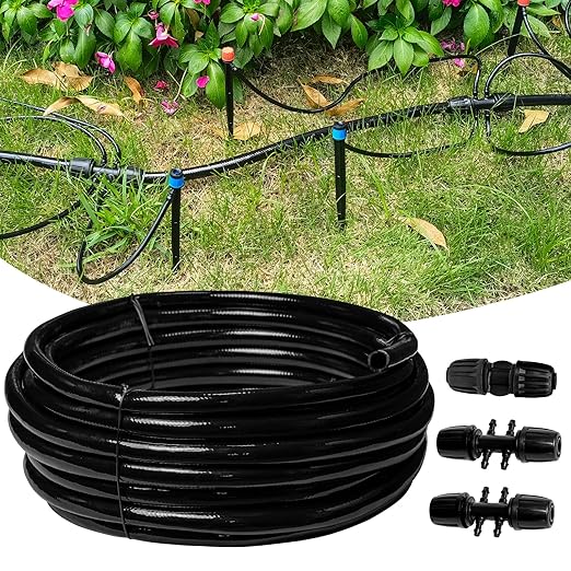50 FT 1/2 Inch Drip Irrigation Tubing Main Drip Line Hose Tube for Garden Watering Landscape Irrigation System (Includes 2 Pack 6-Way Connector and 1/2" Straight Connector)