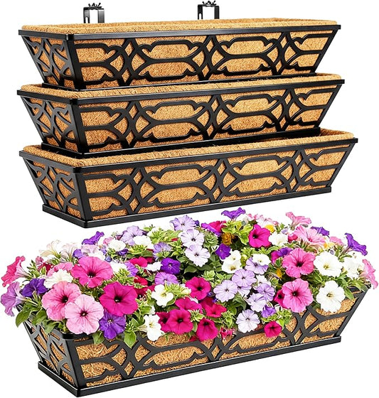 Railing Planter Box, Window Planter Boxes Outdoor 4 Pack 30 Inch Hanging Planter with Adjustable Bracket for Porch, Fence Flower Baskets with Coco Liners