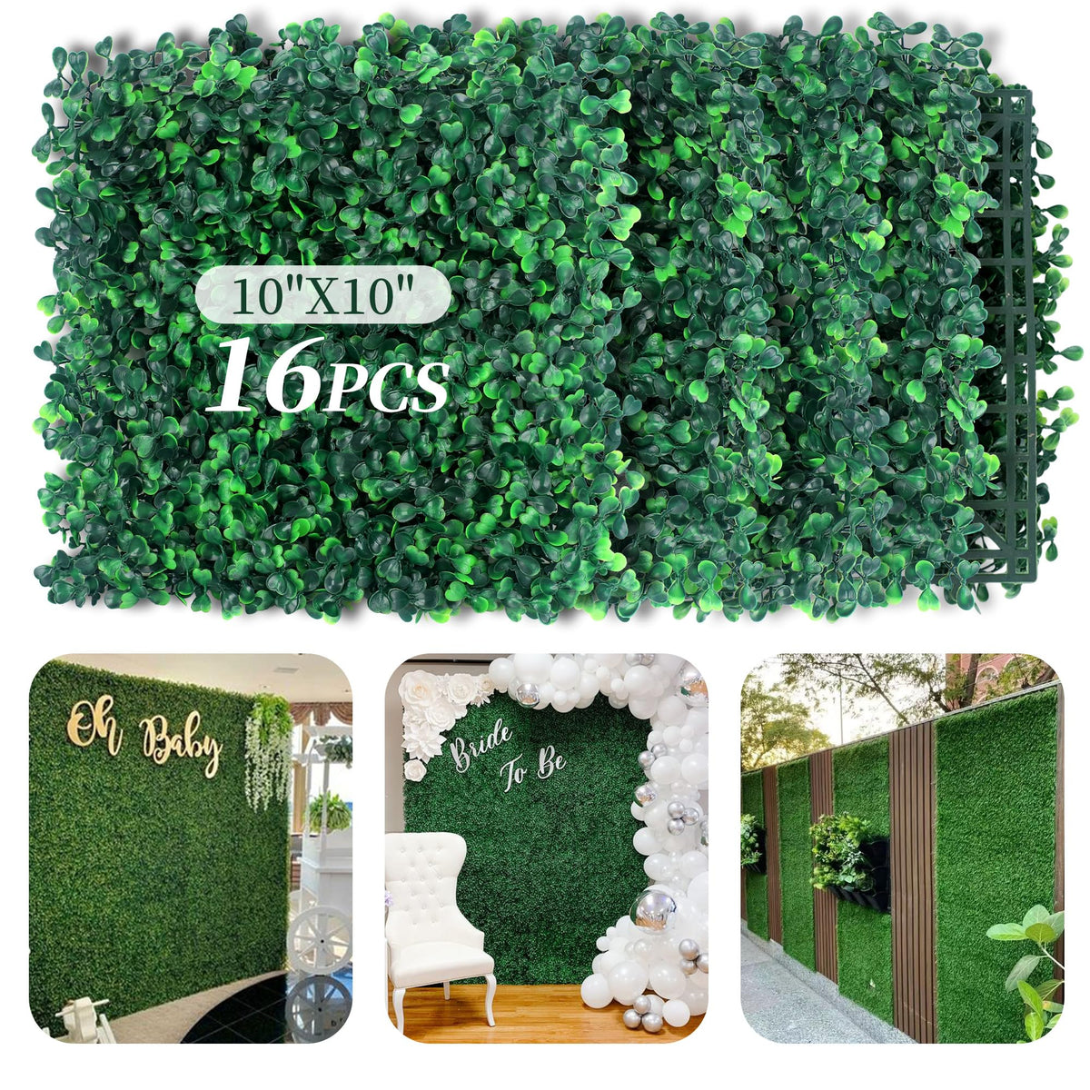 Artificial Grass Wall Panel 16Pcs 10x10in Boxwood Foliage Hedge Panels