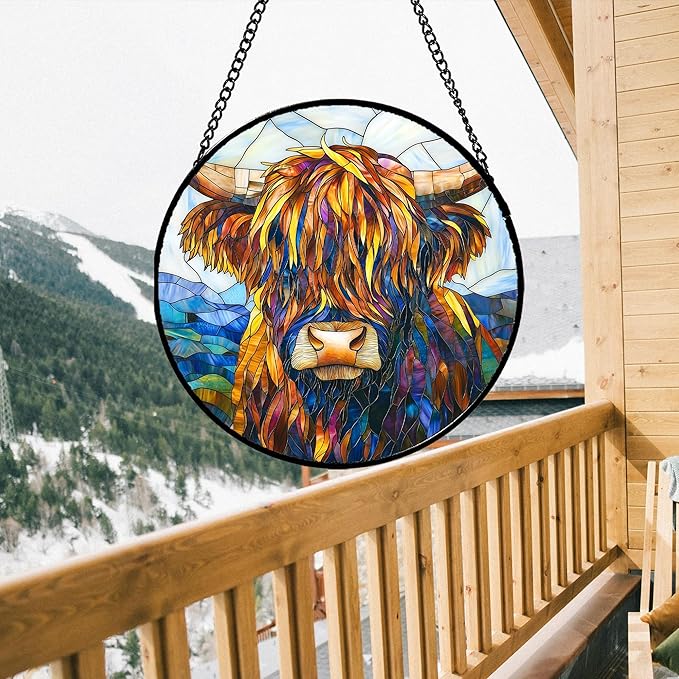 Stained Glass Window Hanging - Highland Cattle Suncatcher for Door Terrace Garden Home Decor Western Style Brown Cow Sun Catcher Birthday Gifts for Lovers Women Men Dad Mom Nana 7.8 in