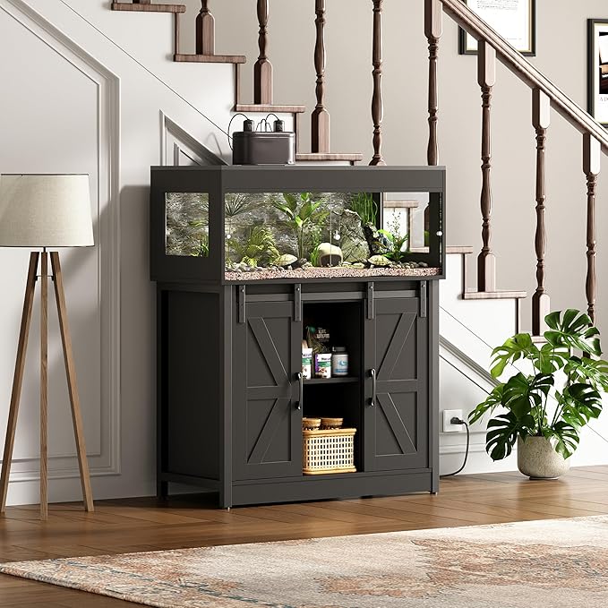 Herture 40 Gallon Reptile Terrarium with Stand, Reptile Tank with Barn Door and Storage, Vivarium with Acrylic Doors, Ventilated Mesh Top & Power Outlet, for Geckos, Lizards, Snakes Black PX06RTB