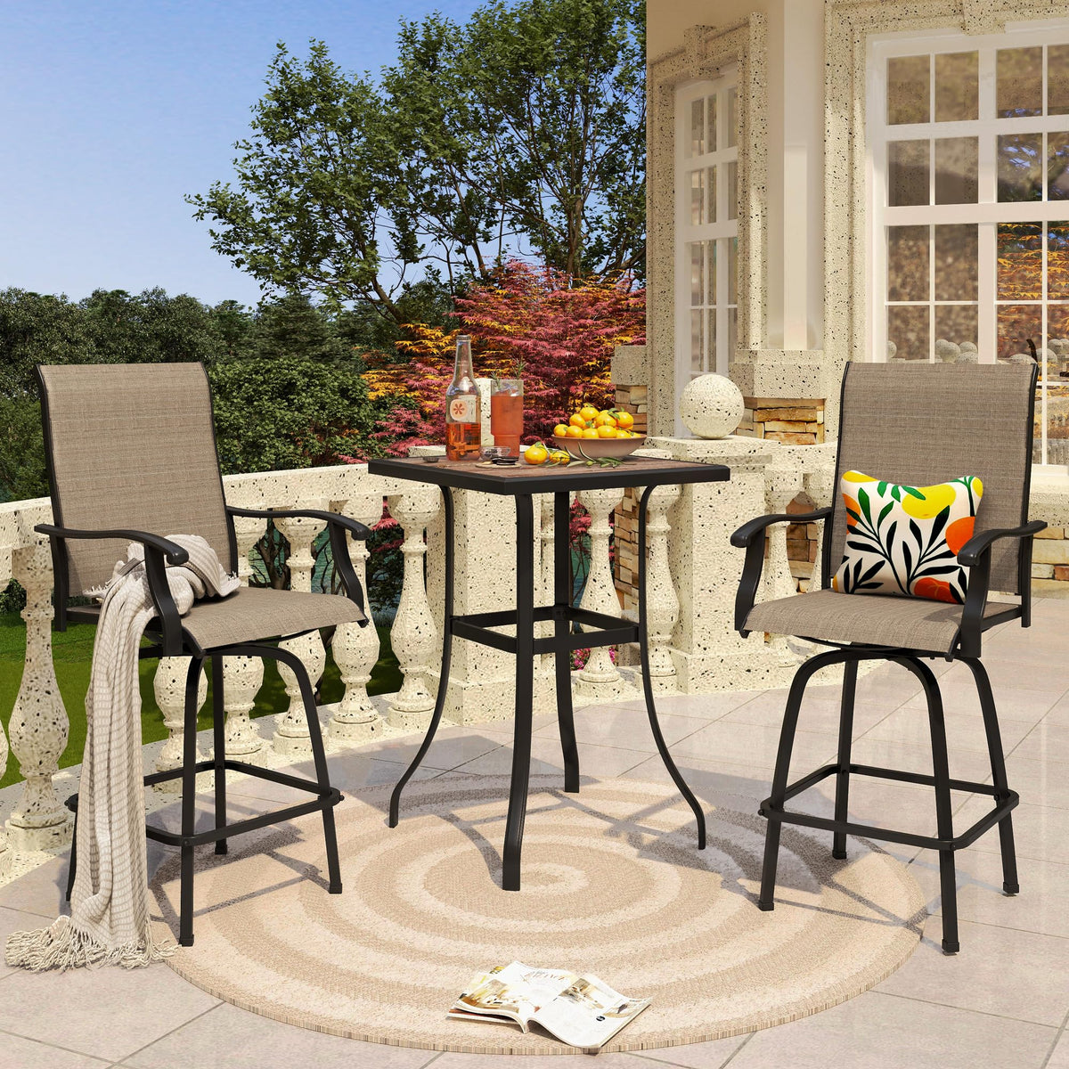 PHI VILLA 3 Piece Outdoor Swivel Bar Stools Set, Bar Height Patio Set