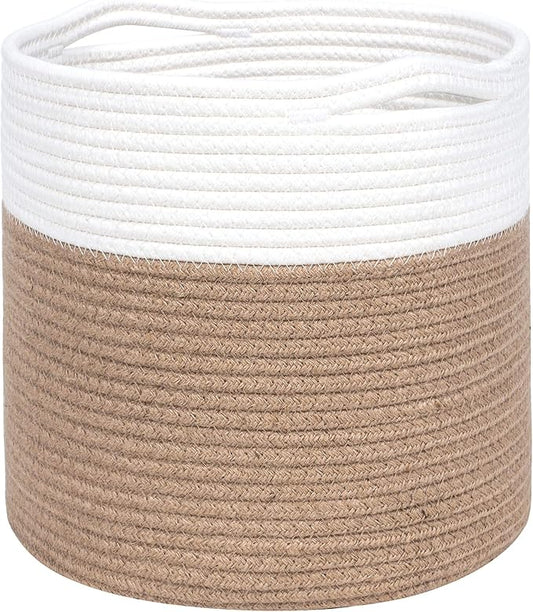 MINTWOOD Design 11 x 11 Inches Cotton Rope Basket for Flower Pot and Indoor Floor Planters, Decorative Round Woven Plant Pot Basket, Planter Covers, Small Dog Toy Storage Baskets, Jute