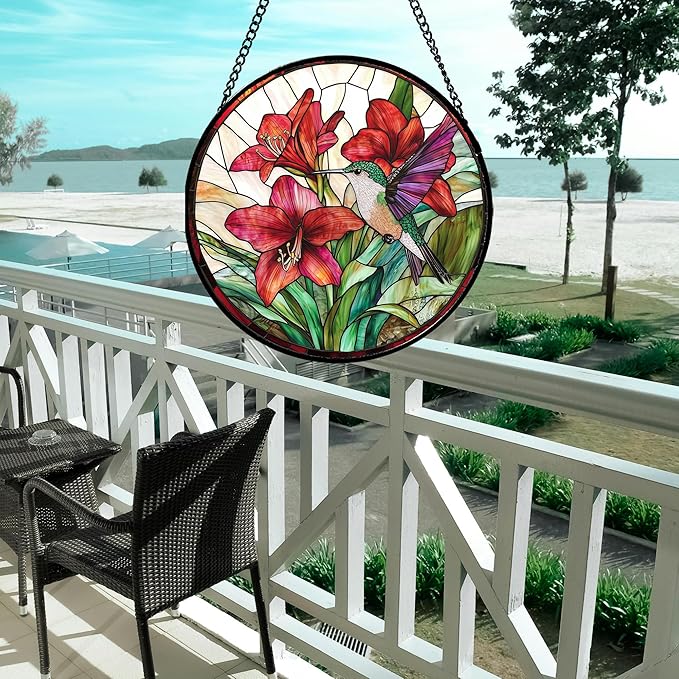 AMDERVEN Stained Glass Window Hanging - Hummingbird On Red Lily Flower Sun Catcher for Door Garden Decor Suncatcher Christmas Mother's Day Birthday Gifts for Bird Lovers Women Men Mom Nana 15 in
