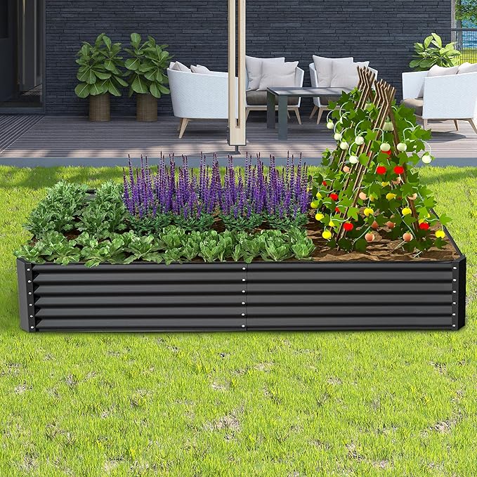 Domi 8x4x1.5ft Metal Raised Garden Beds Outdoor, Thickened Galvanized Steel Deep Root Planter Box with Stabilizing Bars & Rubber Edging for Vegetables, Flowers, Herbs - Dark Gray