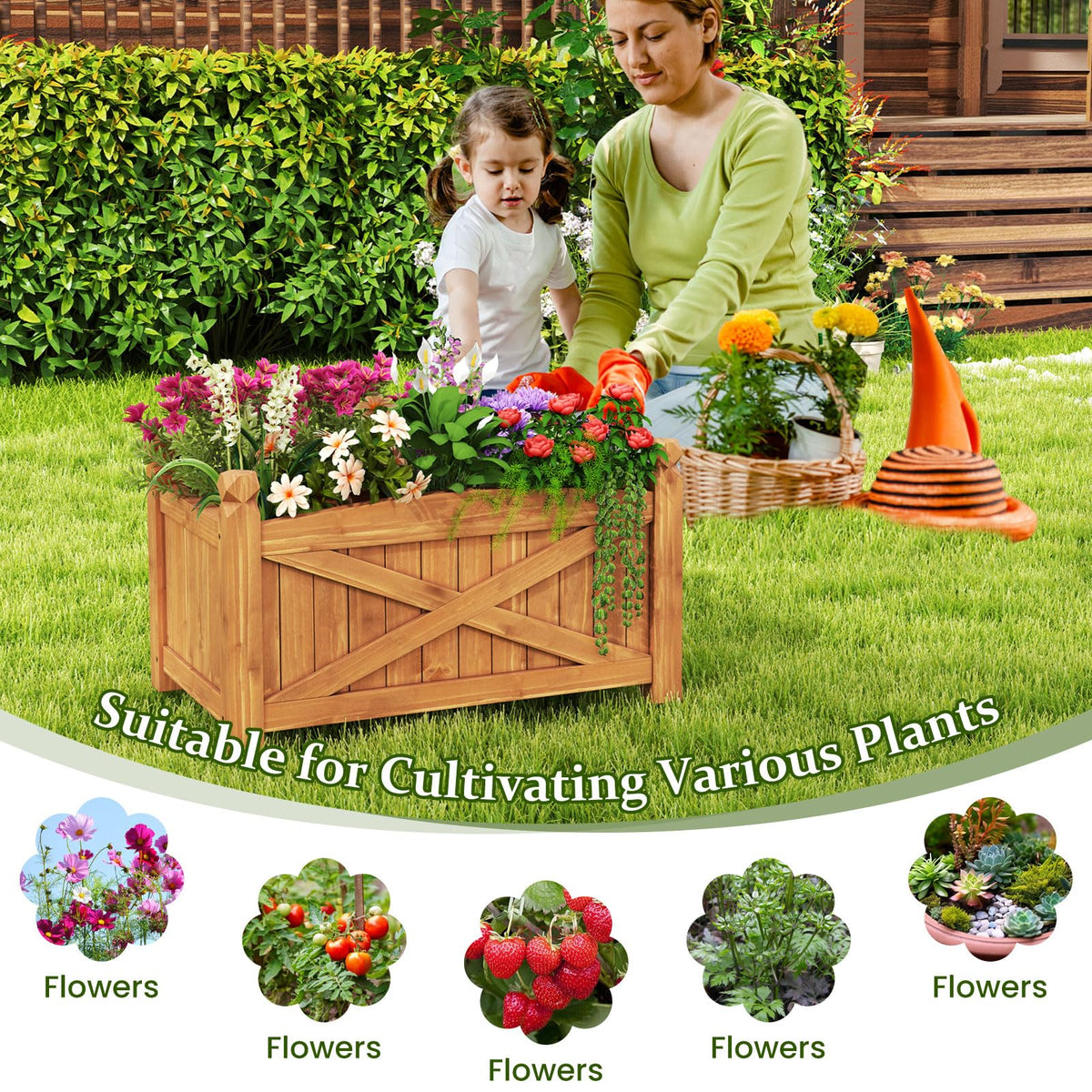 HAPPYGRILL 25”x 16”x 15” Wooden Raised Garden Bed with Drainage Holes