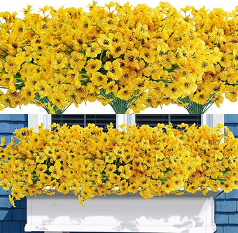 Uieke 16PCS Artificial Flowers for Outdoors UV Resistant No Fade Yellow Fake Flowers for Outside Home Garden Porch Window Box Home Summer Fall Décor (Yellow)