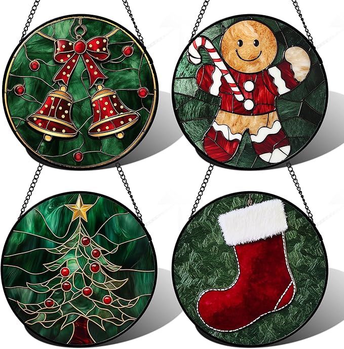AMDERVEN Stained Glass Window Hanging 4 Pcs Set Red Christmas Stockings and Gingerbread 9.8" - Suncatcher Door Garden Sun Catcher Decor Birthday Mother's Day Xmas Gifts for Mom Woman Nana Men
