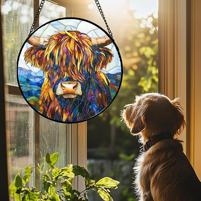 Stained Glass Window Hanging - Highland Cattle Suncatcher for Door Terrace Garden Home Decor Western Style Brown Cow Sun Catcher Birthday Gifts for Lovers Women Men Dad Mom Nana 15 in