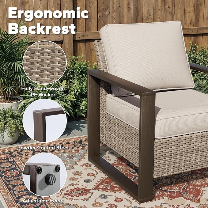Joyside Outdoor Patio Chairs, 7 Pieces Wicker Rattan Furniture Set, 4 Patio Chairs, 1 Sofa and 2 Ottoman, Metal Wide Armrest, Thick Cushions and Deep Seating for Garden, Backyard, Porch, Deck