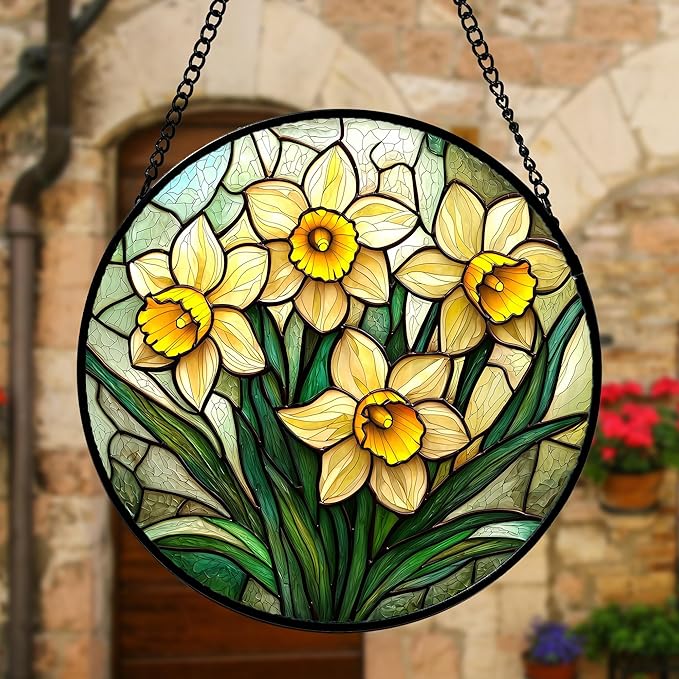 DASTOLL Stained Glass Window Hanging, Daffodil Plant Flowers Sun Catchers Diamond Glass Panel Hangings Suncatcher Decor for Birthday for Women, Men, Wife, Aunt, and Mom 7.8 in