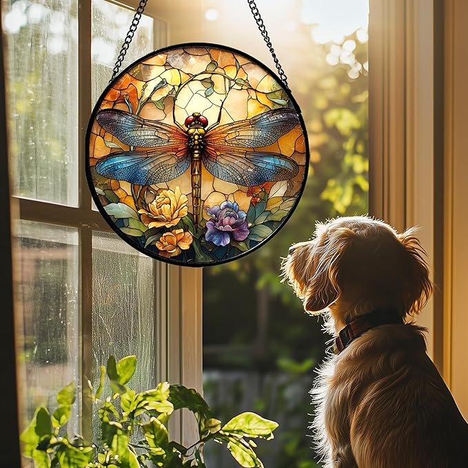HWRHTR Stained Glass Window Hanging - Orange Blue Dragonfly Flower Suncatcher for Doors Window Home Sun Catchers Decor Christmas Mother's Day Birthday Outdoor Gifts for Women Men Mom Nana 14.9 in