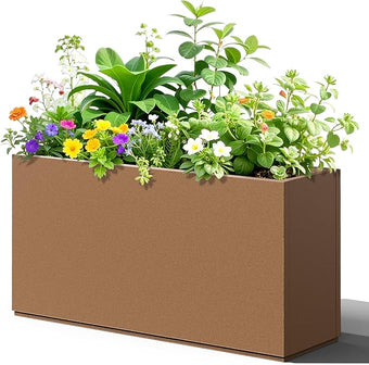 Rectangle Planter for Indoor & Outdoor, Tall and Long Planter Boxes with Drainage Holes, Mental Planter Box All-Weather Use for Plants, Flowers, 32" L x 10" W x 16.3" H, Brown