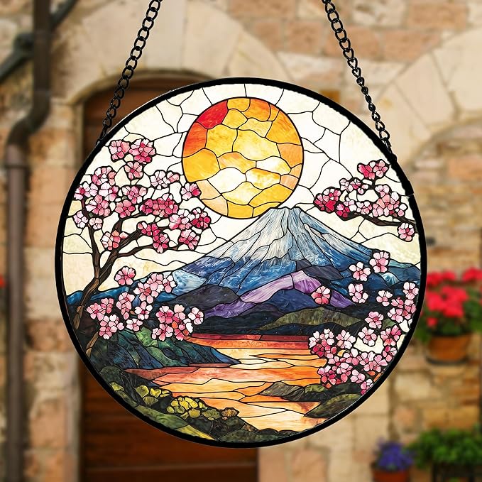 DASTOLL Stained Glass Window Hanging, Sun Blooming Cherry Blossoms Suncatcher Diamond Glass Panel Sun Catchers Decor for Birthday for Women, Men, Wife, Aunt, and Mom 11.8x11.8 in
