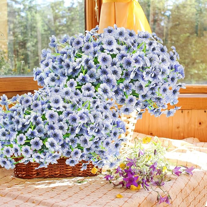Uieke 16 Bundles Artificial Flowers for Outdoors UV Resistant Fake Flowers No Fade Faux Greenery Plastic Plants for Garden Porch Window Box Home Party Wedding Spring Autumn Décoration (Blue)