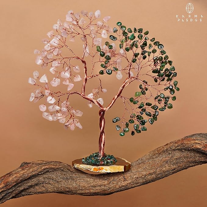 Crystal Tree for Women Office Decor, Handmade Green Aventurine & Rose Quartz Healing Stones Tree of Life for Positive Energy, Money, Good Luck, Feng Shui Home Decor, Spiritual Gifts for Women