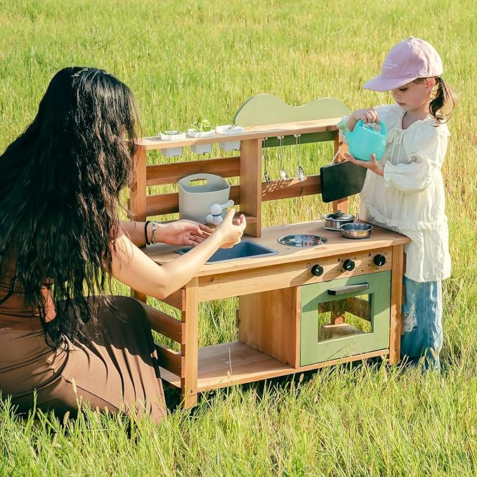 ROBOTIME Mud Kitchen, Outdoor Play Kitchen for Kids – Wooden Mud Kitchen Pretend Playset with Removable Sink & Chalkboard, Cooking Accessories, Gift for Boys Girls Ages 3+