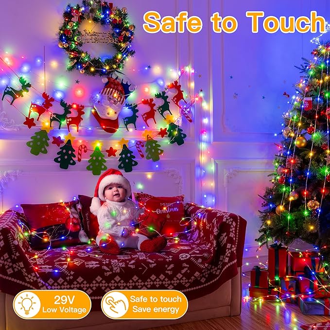 Ollny Christmas Lights Outdoor 600LED 197FT, Multicolor Christmas Tree Lights IP67 Waterproof, Plug in Fairy Lights with Remote 8 Modes Timer, Xmas Light for Indoor House Holiday Decor