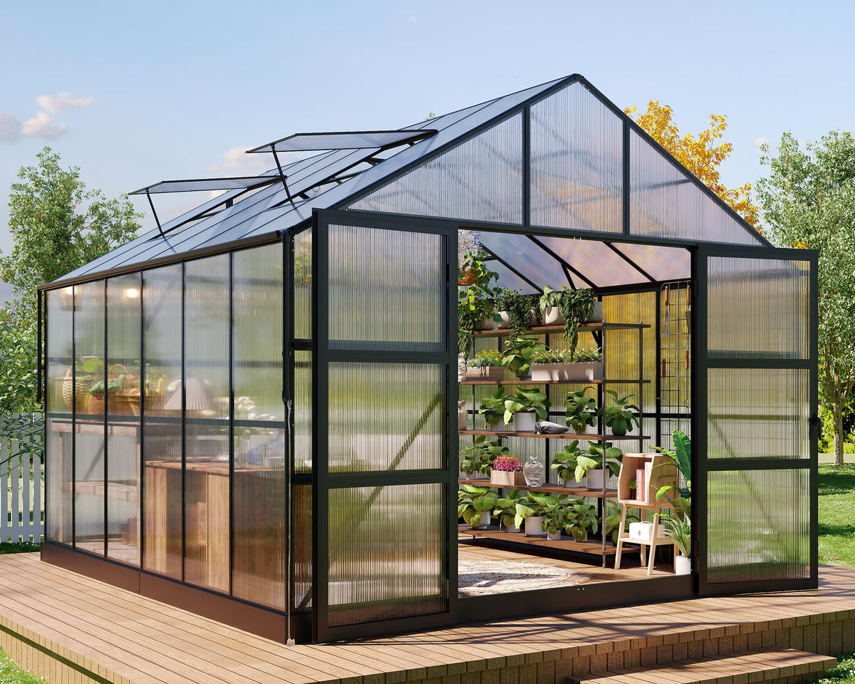 HOWE 10x12x8.4 FT Polycarbonate Greenhouse with 4 Vent Windows