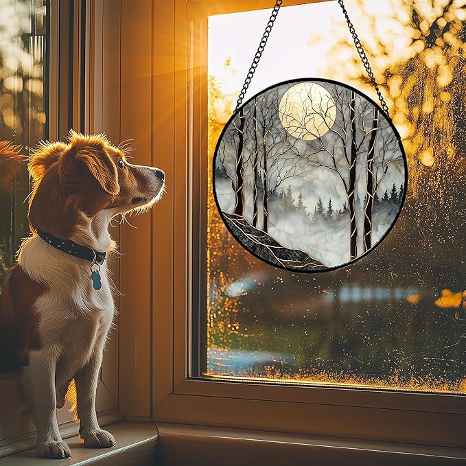 Stained Glass Window Hanging - Black and White Gold Moon Forest Sun Catcher for Door Home Decor Suncatcher Christmas Mother's Day Birthday Gifts for Women Men Lovers Mom Nana 11.8 in