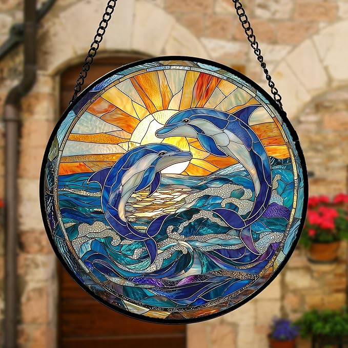 DASTOLL Stained Glass Window Hanging, Blue Dolphin Sun Catchers Colorful Glass Panel Sunrise Sea View Suncatcher Decor for Birthday for Women, Men, Wife, Aunt, and Mom 9.8 in