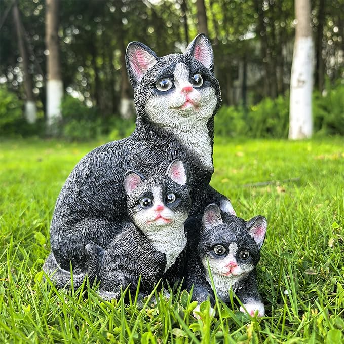 Mama Cat and Kitten Garden Statue,Outdoor Lawn Decorative Figurine Black Cat Statue for Patio Yard,Funny Animal Flower Bed Decor Art Sculpture