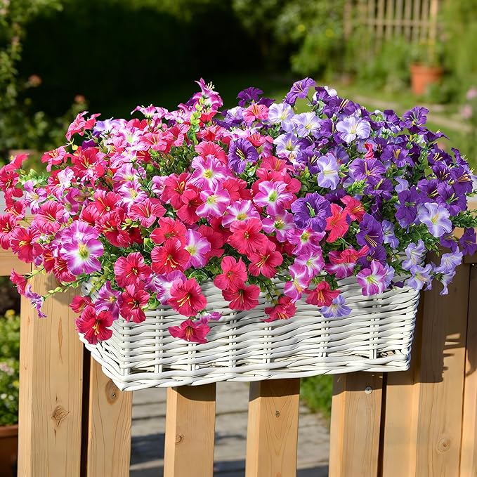 Artificial Flowers for Outdoors Fake Plants Outside Decoration, 20 Bundles Silk Petunia with Eucalyptus UV Resistant Realistic Faux Flowers for Outdoor Planters Garden Balcony Yard Porch Patio, Mix