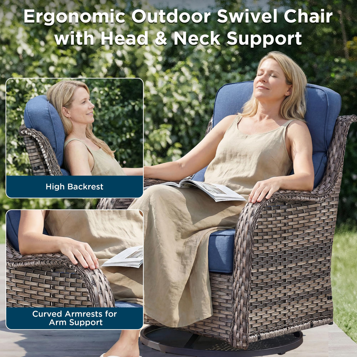 Luxury 8 Pieces Outdoor Patio Furniture Set-All Weather Wicker Swivel Rocker Patio Chairs with 6" Thick Cushion Rattan Sofa Coffee Table, Outdoor Conversation for Garden Porch Backyard(Grey/Blue)