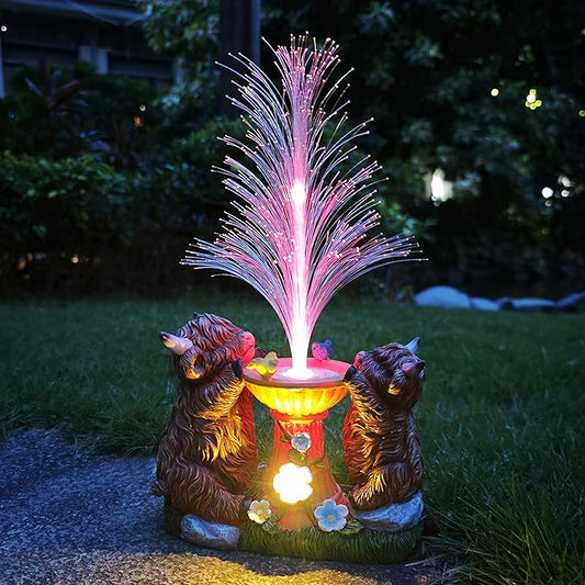 Solar Highland Cow Garden Decor -Resin Highland Cows Figurines Lights and Colour Changing Optical Fiber with Solar LED Lights,Outdoor Statues Decoration for Patio Yard Lawn
