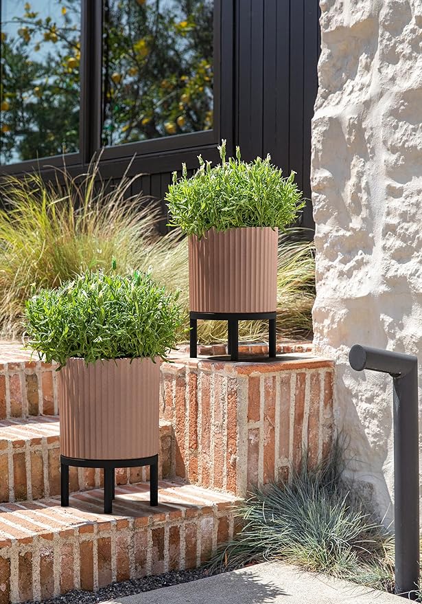 Veradek Demi Series Round Planter w/Stand for Porch/Patio | Durable Plastic-Stone Composite & Wooden Stand | Modern Décor for Tall Plants, Flowers