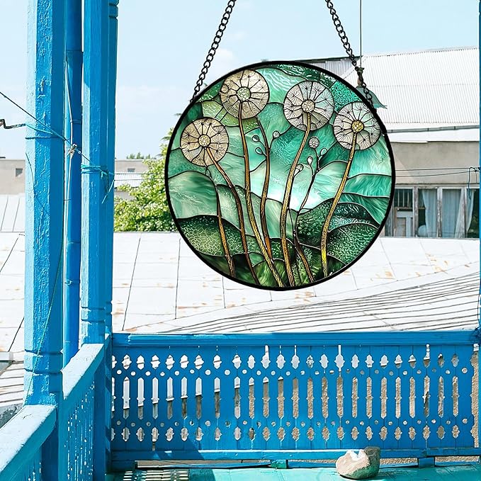 AMDERVEN Stained Glass Window Hanging, Green Abstract Lotus Leaves Tree Sun Catcher for Window Door Home Decor Plant Suncatcher Christmas Mother's Day Birthday Gifts for Women Men Mom Nana 9.8 in