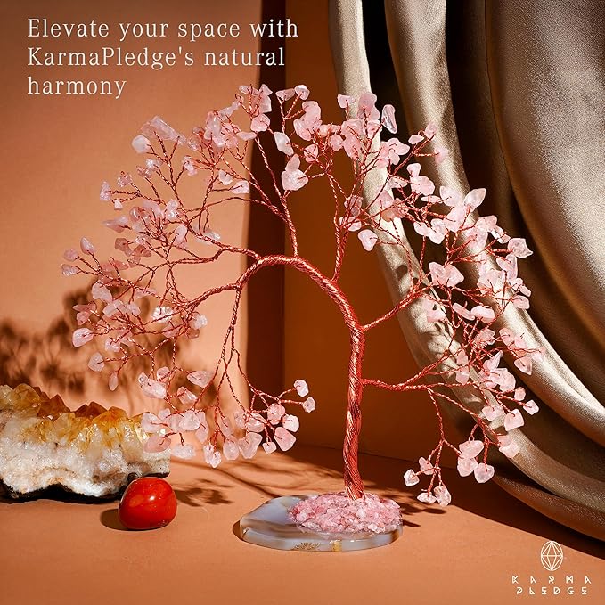 Rose Quartz Healing Crystal Tree of Life for Home and Office Decor, Positive Energy, Wealth, Good Luck, Reiki Healing Crystals and Stones, Handmade Feng Shui Decoration, Birthday Gifts for Women