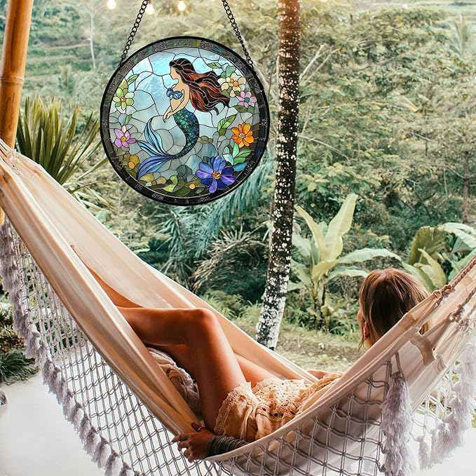 JOSUMALY Stained Glass Window Hanging - Light Blue Mermaid Suncatcher for Door Terrace Garden Home Decor, Ocean Flowers Sun Catcher Birthday Gifts for Lovers Women Men Dad Mom Nana 15 in